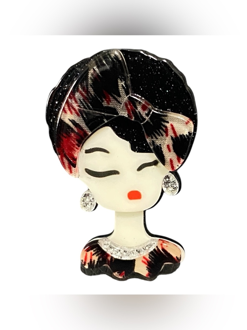 NWOT Stylized Lady Face Brooch with Turban and Rhinestones